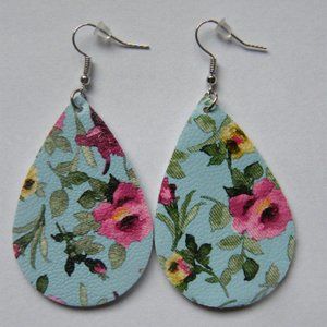 Blue-Pink Floral Teardrop Earrings Faux Leather